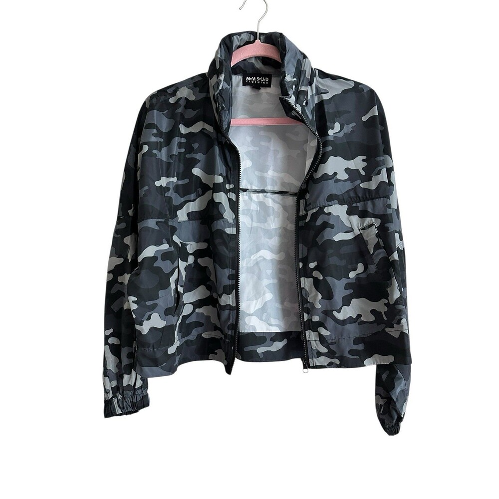 Mom  Squad Clothing Cropped Camo Jacket M W/hidden Hood Grey